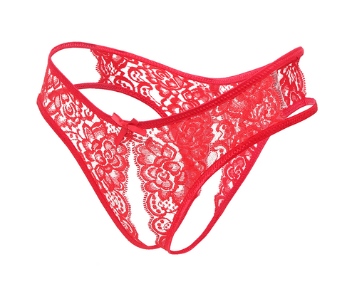 Love In Leather Full Lace Crotchless Lace Panties Red Open Access - G-Strings, Panties and Shorts