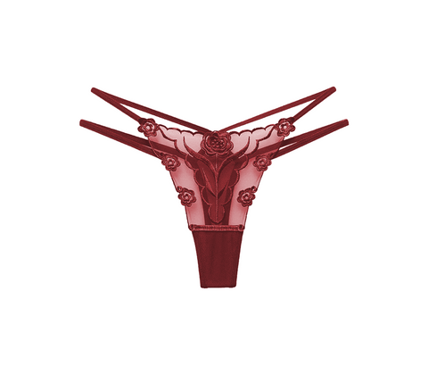 Love In Leather Womens Embroidered G String Panties Wine Seductive Lingerie - G-Strings, Panties and Shorts