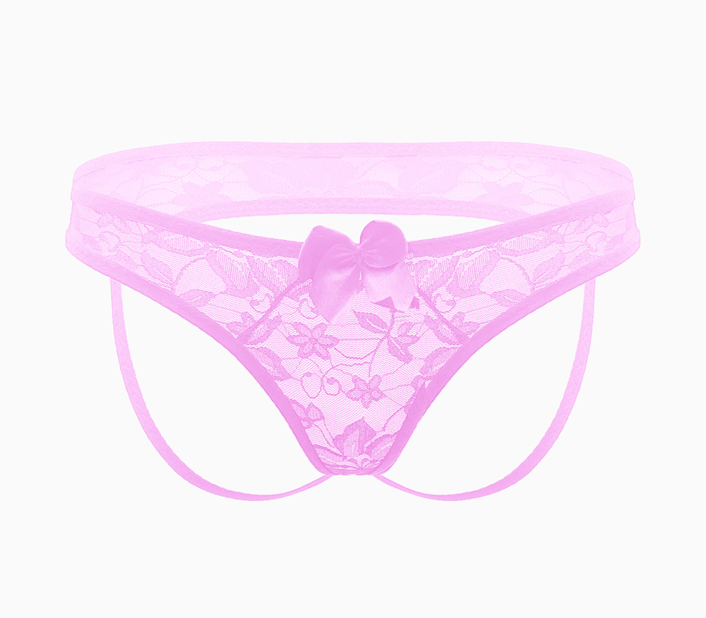 Love In Leather Full Lace Womens Crotchless Panties OS Easy Access - Baby Pink - G-Strings, Panties and Shorts