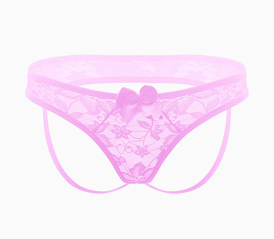Love In Leather Full Lace Womens Crotchless Panties OS - Baby Pink - G-Strings, Panties and Shorts
