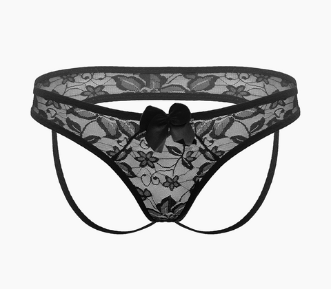 Love In Leather Full Lace Womens Crotchless Panties OS Easy Access - G-Strings, Panties and Shorts