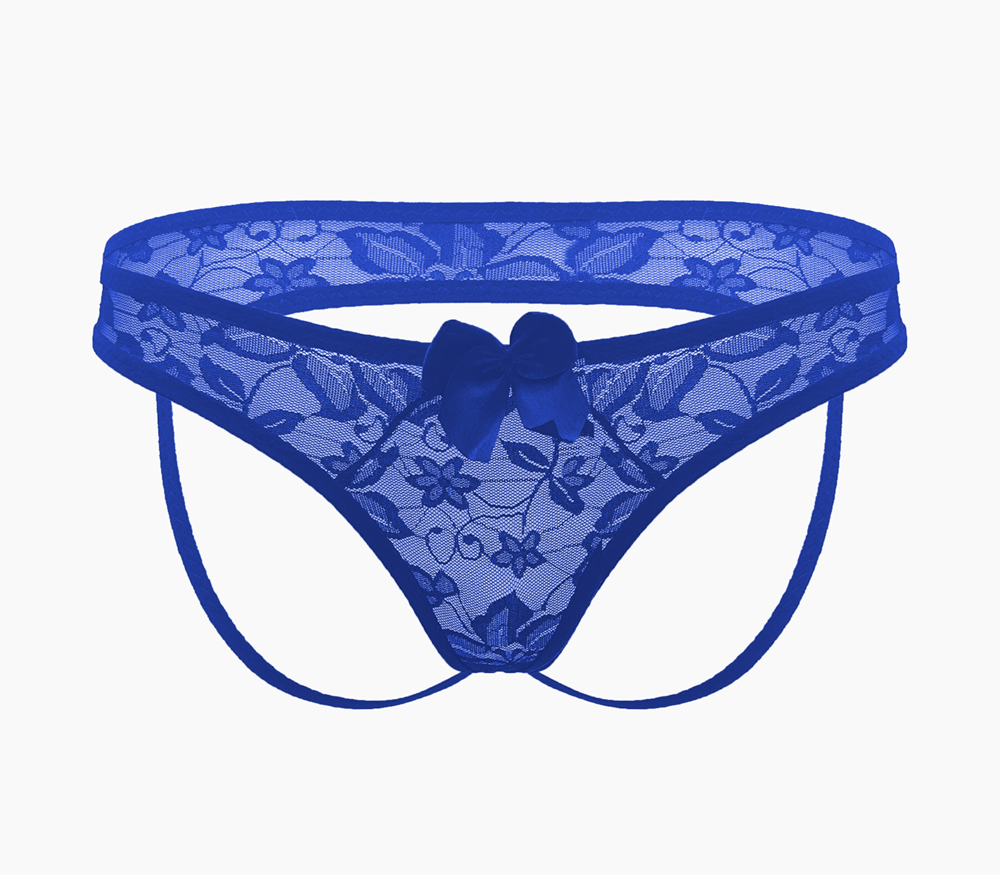 Love In Leather Full Lace Womens Crotchless Panties OS Easy Access - Blue - G-Strings, Panties and Shorts