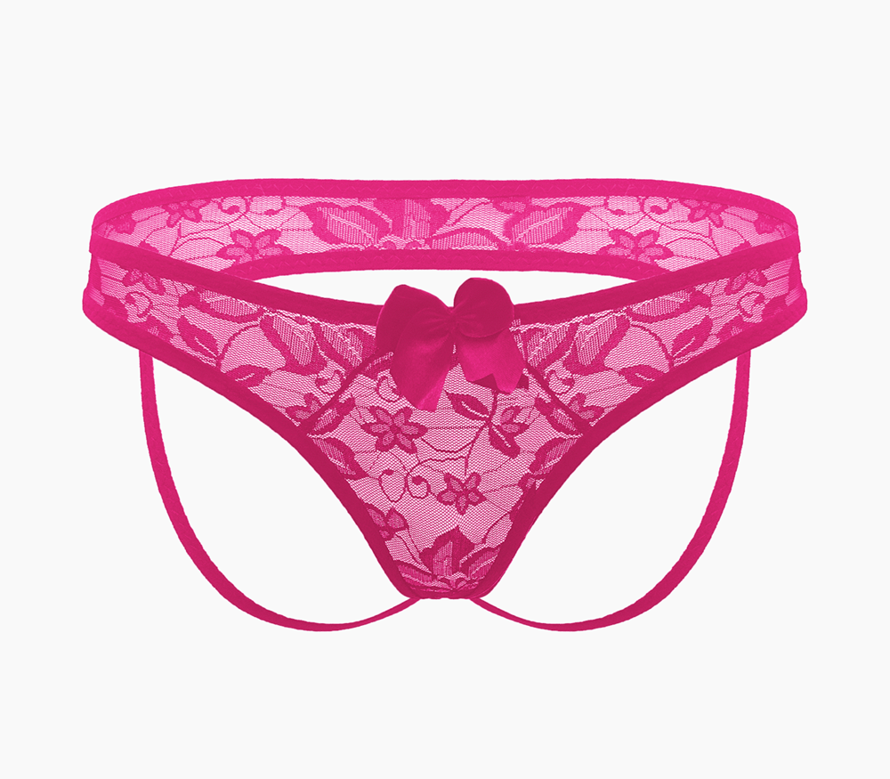 Love In Leather Full Lace Womens Crotchless Panties OS Easy Access - Hot Pink - G-Strings, Panties and Shorts
