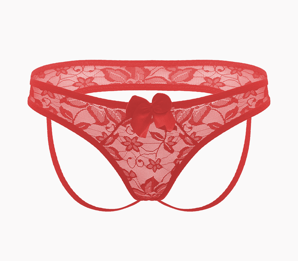 Love In Leather Full Lace Womens Crotchless Panties OS Easy Access - Red - G-Strings, Panties and Shorts