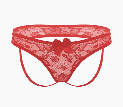 Love In Leather Full Lace Womens Crotchless Panties OS Easy Access - G-Strings, Panties and Shorts