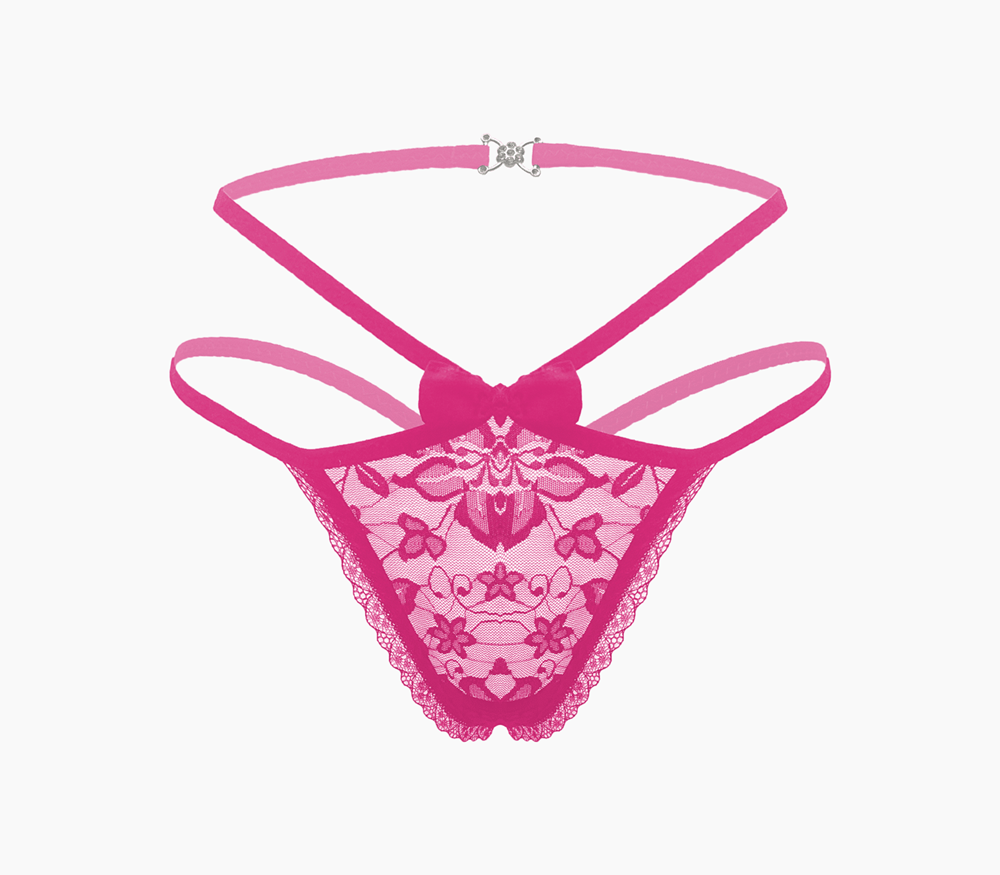 Love In Leather Full Lace G String Crotchless Panties OS with Open Access - Hot Pink - G-Strings, Panties and Shorts