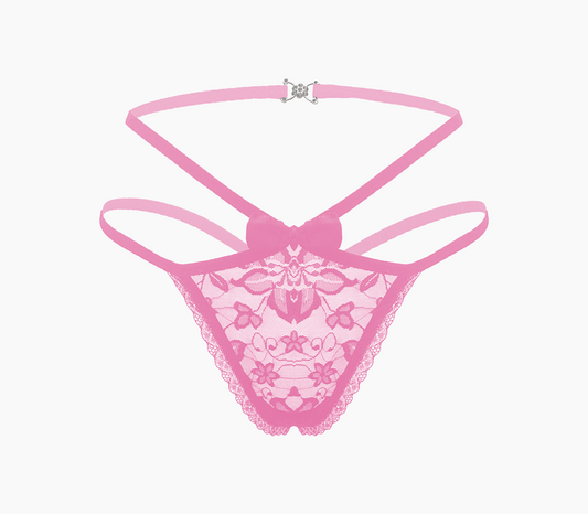 Love In Leather Full Lace G-String Crotchless Panties OS - Baby Pink - G-Strings, Panties and Shorts