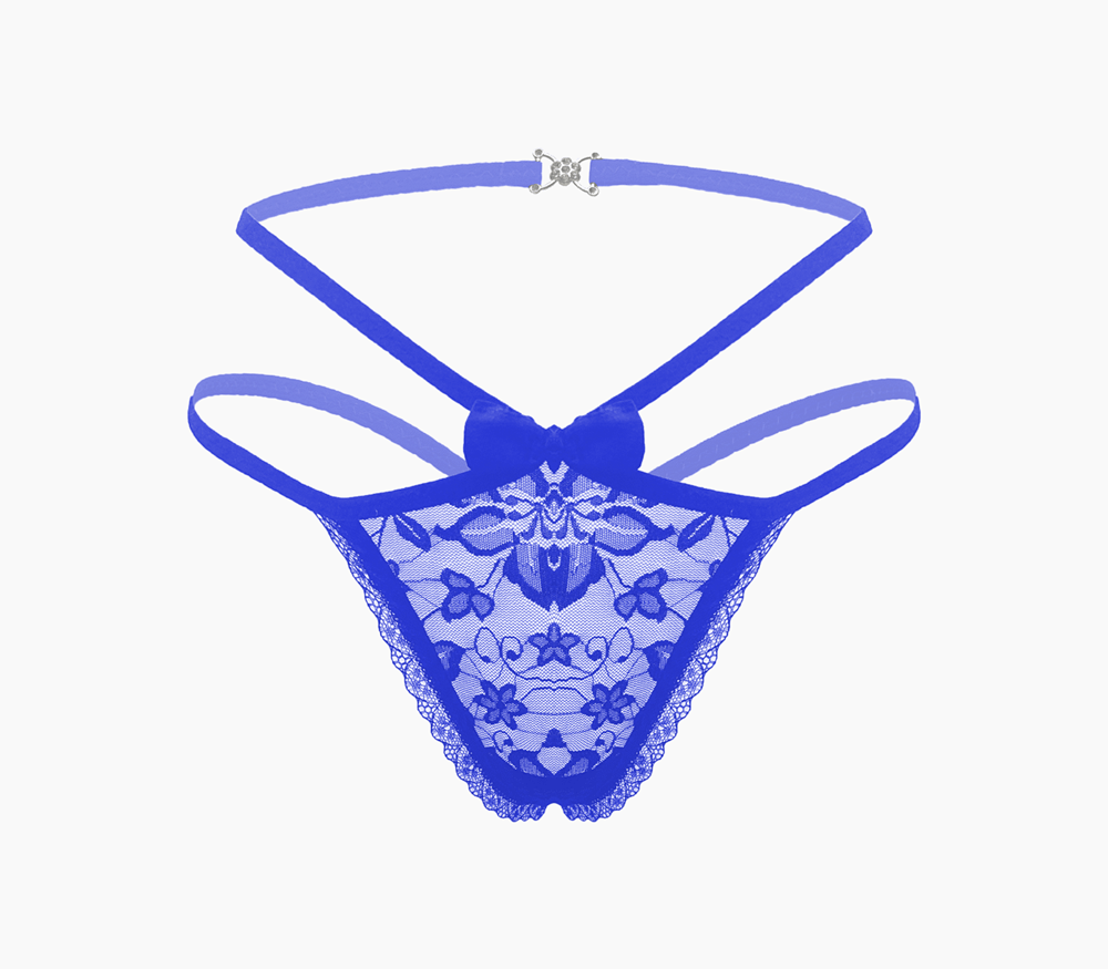 Love In Leather Full Lace G String Crotchless Panties OS with Open Access - Blue - G-Strings, Panties and Shorts