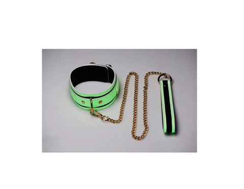 XR Brands Master Series Kink in the Dark Glowing Collar and Lead Fluro Green - Collars and Leads