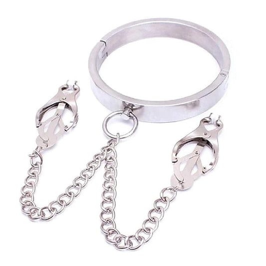 Breast Teasing Metal Collar & Clover Clamps by BDStyle - Collars and Leads