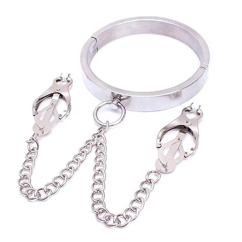 Breast Teasing Metal Collar & Clover Clamps by BDStyle - Collars and Leads