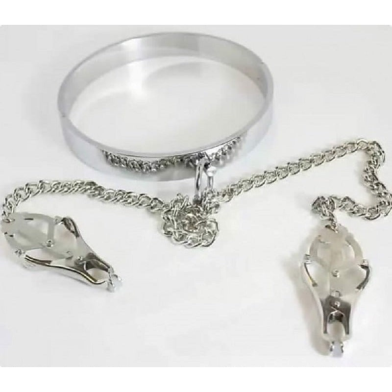 Breast Teasing Metal Collar & Clover Clamps by BDStyle - Collars and Leads