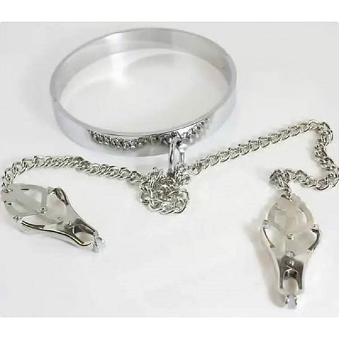 Breast Teasing Metal Collar & Clover Clamps by BDStyle - Collars and Leads