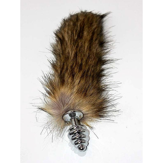 Black & Blonde Faux Fox Tail Butt Plug Silver Ribbed Fox Tail - Steel Sex Toys