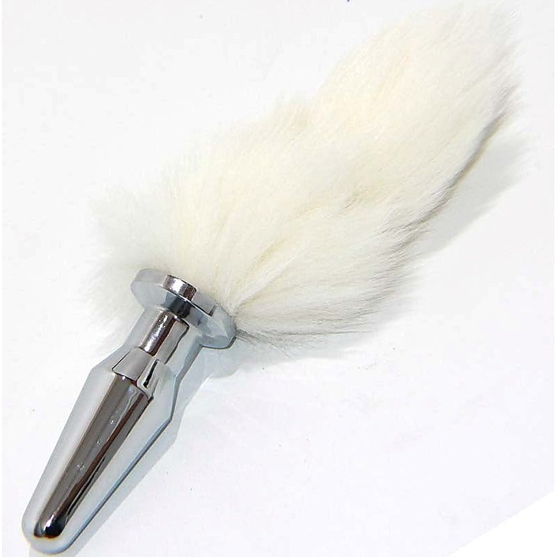 White Kitten Tail Silver Long Butt Plug by BDStyle - Rabbit Vibrators