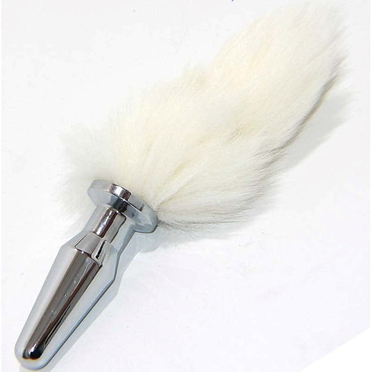 White Kitten Tail Silver Long Butt Plug by BDStyle - Rabbit Vibrators