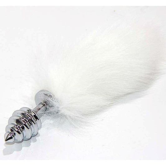 White Kitten Tail Silver Ribbed Butt Plug by BDStyle - Steel Sex Toys