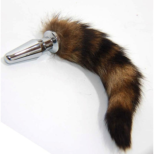 Brown Faux Fox Tail Silver Long Butt Plug by BDStyle - Steel Sex Toys