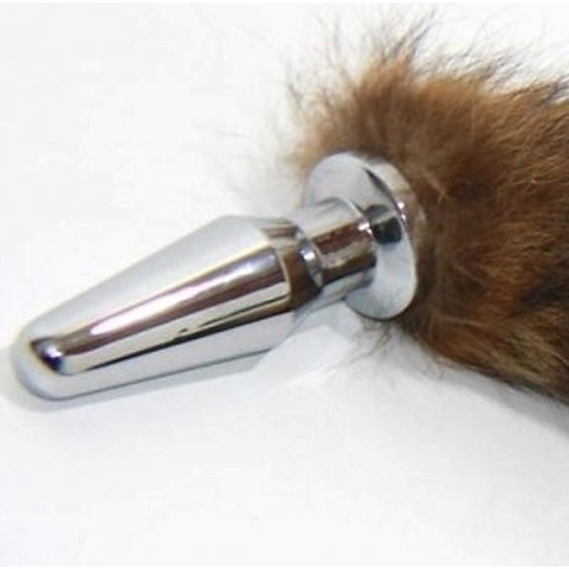 Brown Faux Fox Tail Silver Long Butt Plug by BDStyle - Steel Sex Toys