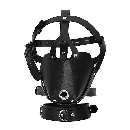 Adjustable Buckle Black Leather Harness Bondage Hood - Bondage Hoods