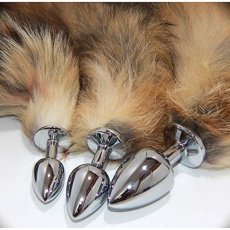 Long Brown and Blonde Fox Tail Silver Smooth Butt Plug - Steel Sex Toys