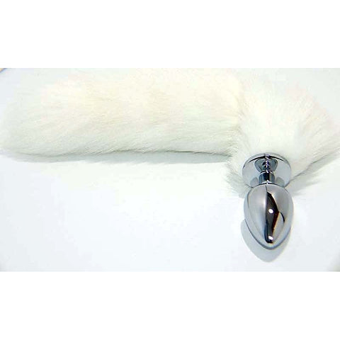 White Faux Fox Tail Smooth Silver Butt Plug by BDStyle - Steel Sex Toys