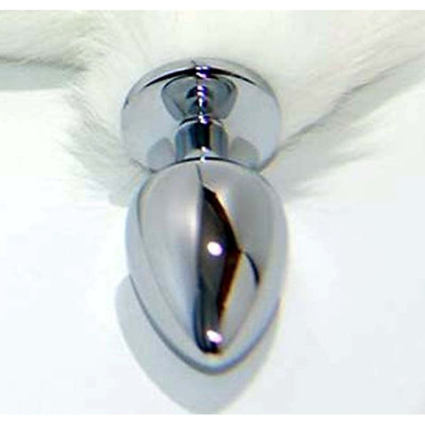 White Faux Fox Tail Smooth Silver Butt Plug by BDStyle - Steel Sex Toys
