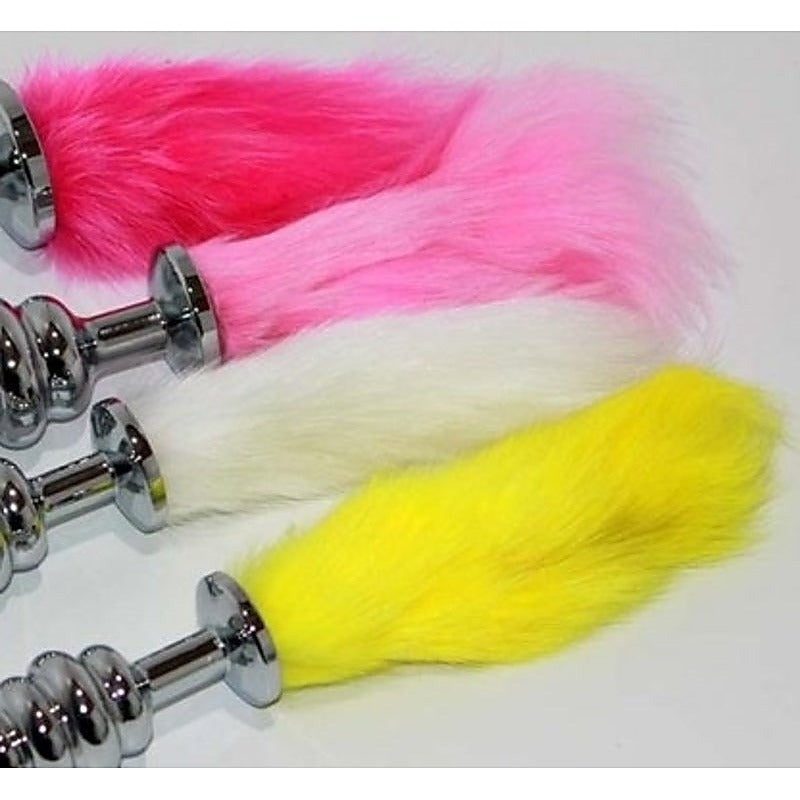 Faux Rabbit Tail Ribbed Butt Plug Silver Small - Steel Sex Toys