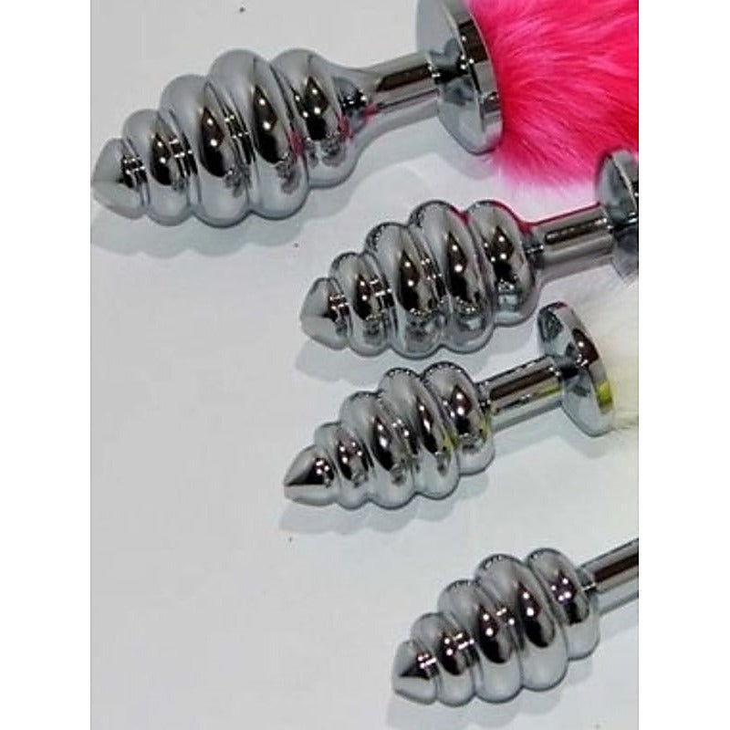 Faux Rabbit Tail Ribbed Butt Plug Silver Medium by BDStyle - Steel Sex Toys