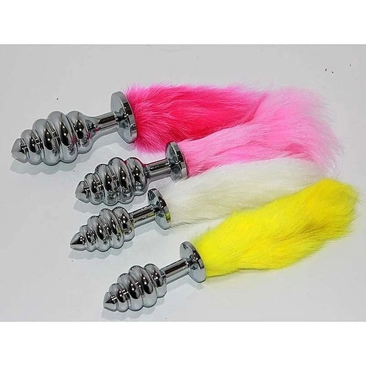 Faux Rabbit Tail Ribbed Butt Plug Silver Large - Butt Plugs