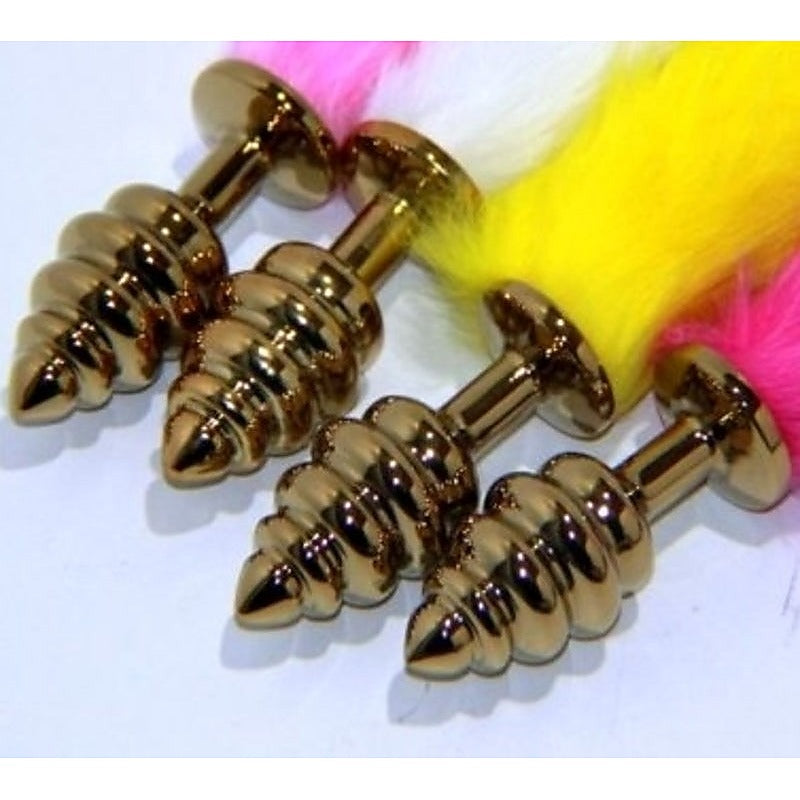 Rabbit Faux Tail Ribbed Butt Plug Gold Large by BDStyle - G-Spot Vibrators