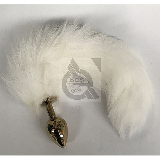 White Faux Fox Tail Steel Anal Plug Gold by BDStyle - Steel Sex Toys