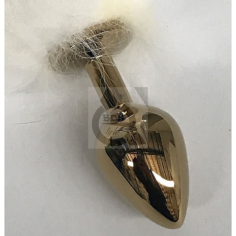 White Faux Fox Tail Steel Anal Plug Gold by BDStyle - Steel Sex Toys
