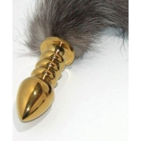 Faux Fox Tail Ribbed Gold Butt Plug Large by BDStyle - Steel Sex Toys