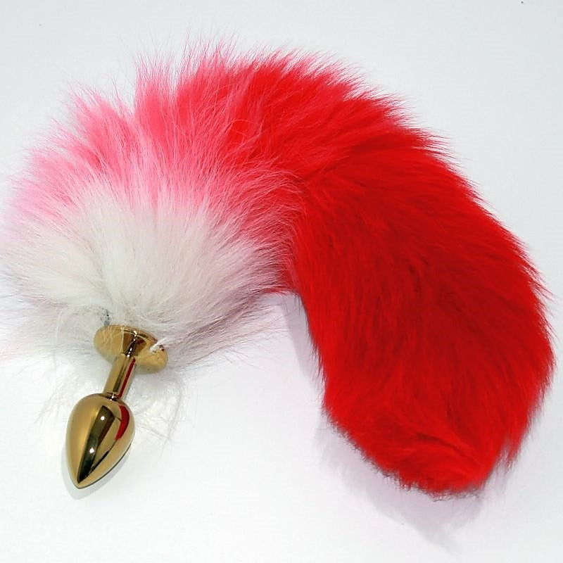 Red Faux Fox Tail Gold Butt Plug by BDStyle - Steel Sex Toys