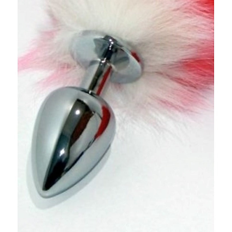 Red Faux Fox Tail Silver Butt Plug by BDStyle - Steel Sex Toys