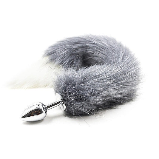 Gray & White Faux Fox Tail & Metal Butt Plug by BDStyle - Steel Sex Toys