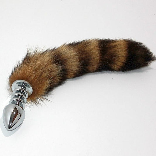 Brown Faux Fox Tail Ribbed Silver Butt Plug by BDStyle - Steel Sex Toys