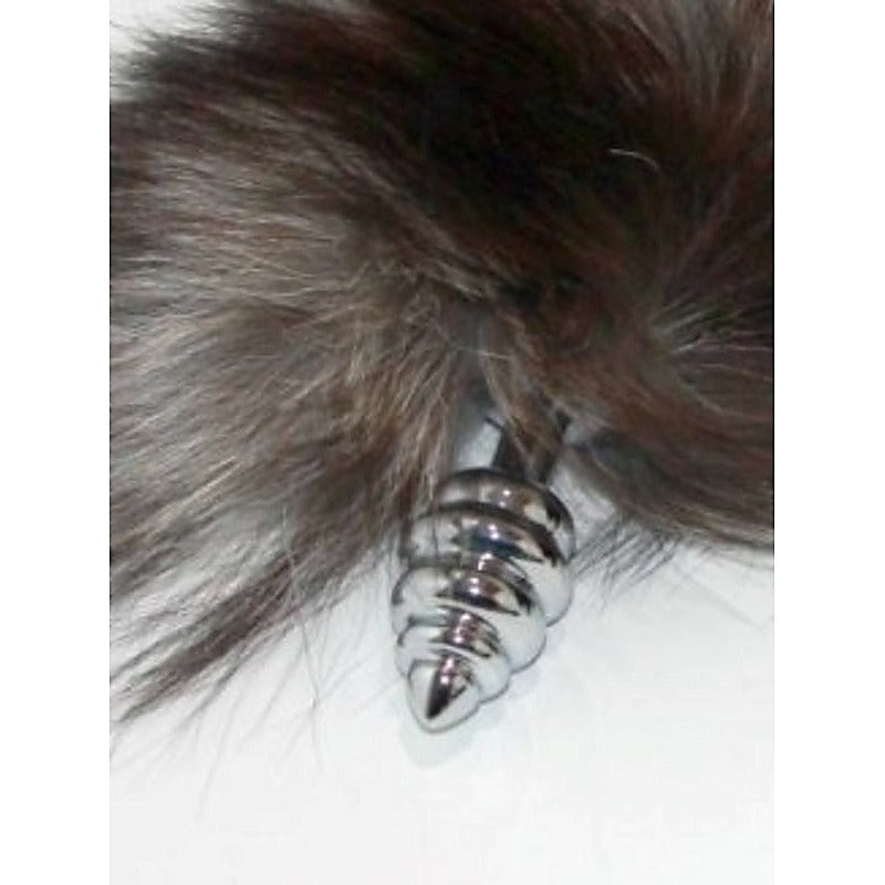 Faux Fox Tail Ribbed Silver Butt Plug by BDStyle - Steel Sex Toys
