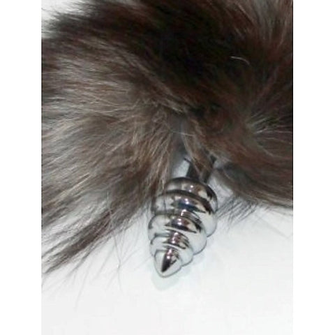 Faux Fox Tail Ribbed Silver Butt Plug by BDStyle - Steel Sex Toys