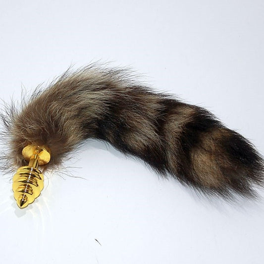 Brown Faux Fox Tail Gold Ribbed Butt Plug by BDStyle - Steel Sex Toys