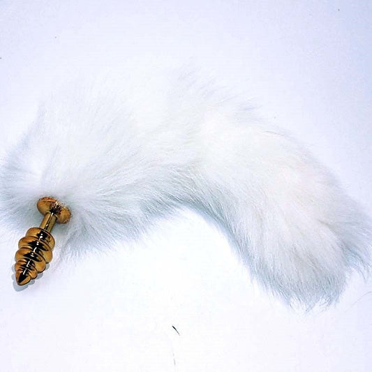 White Fox Tail Ribbed Anal Plug by BDStyle - Steel Sex Toys