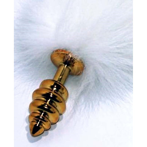 White Fox Tail Ribbed Anal Plug by BDStyle - Steel Sex Toys