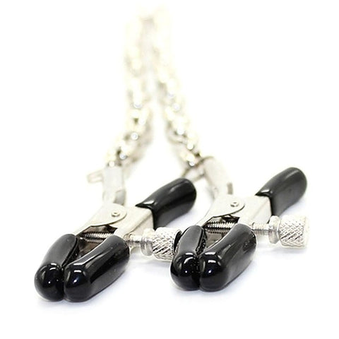 BDStyle Bondage Adjustable Nipple Clamps with Steel Chain and Rubber Tips - Breast and Nipple Toys