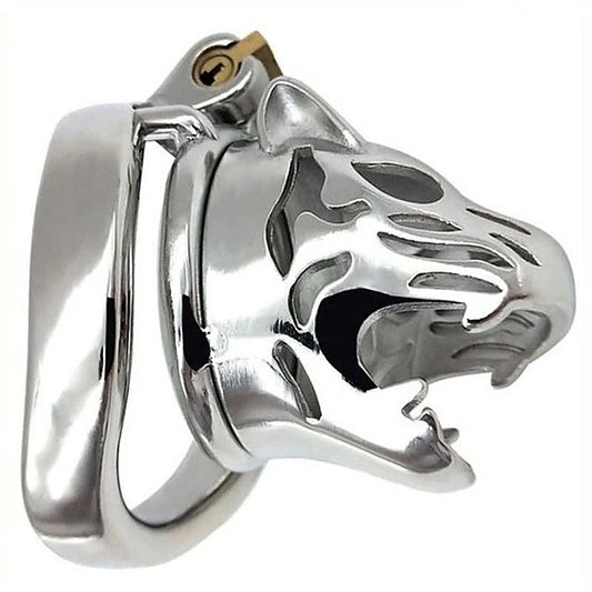 Tiger Head Bend Ring Steel Cock Cage by BDStyle - Male Chastity