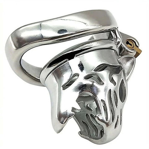 Tiger Head Bend Ring Steel Cock Cage by BDStyle - Male Chastity
