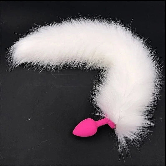 White Faux Fox Tail with Pink Silicone Butt Plug by BDStyle - Prostate Toys