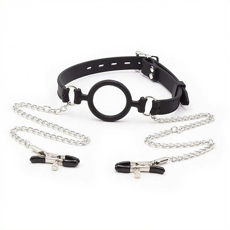 Silicone O Ring Gag With Nipple Clamp by BDStyle - Bondage Gags and Bits