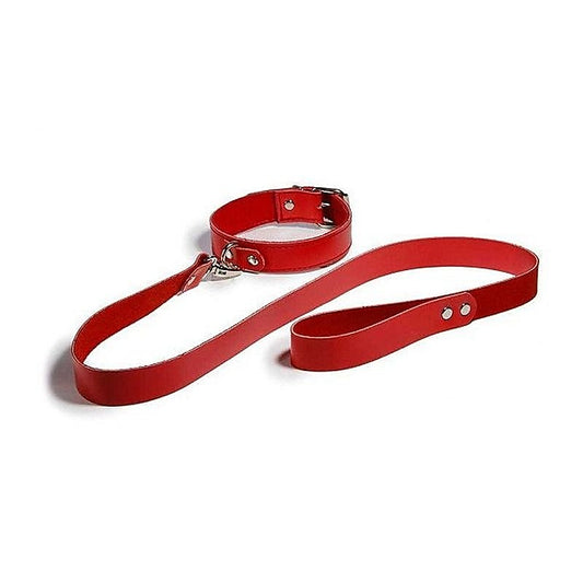 Bedroom Bondage Collar Adjustable Red Leather with Lead - Collars and Leads