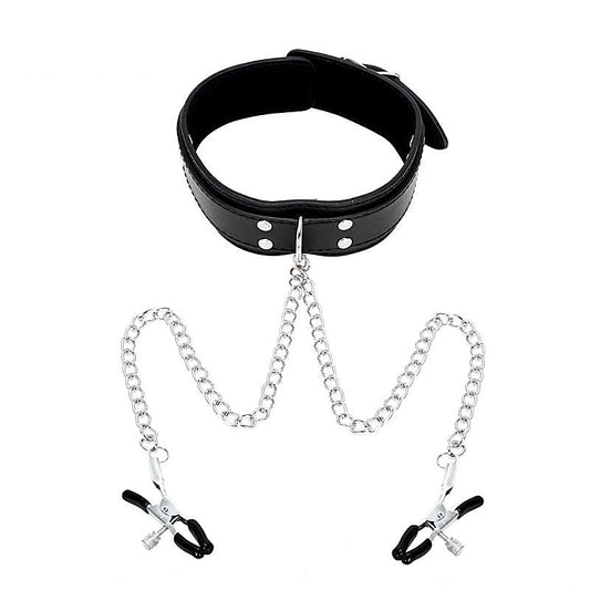 Slave Collar Leather and Nipple Clamps by BDStyle - Collars and Leads